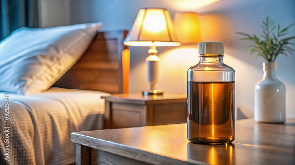 Brown Medicine Bottle on Bedside Table with Warm Lighting Brown Medicine Bottle on Bedside Table with Warm Lighting