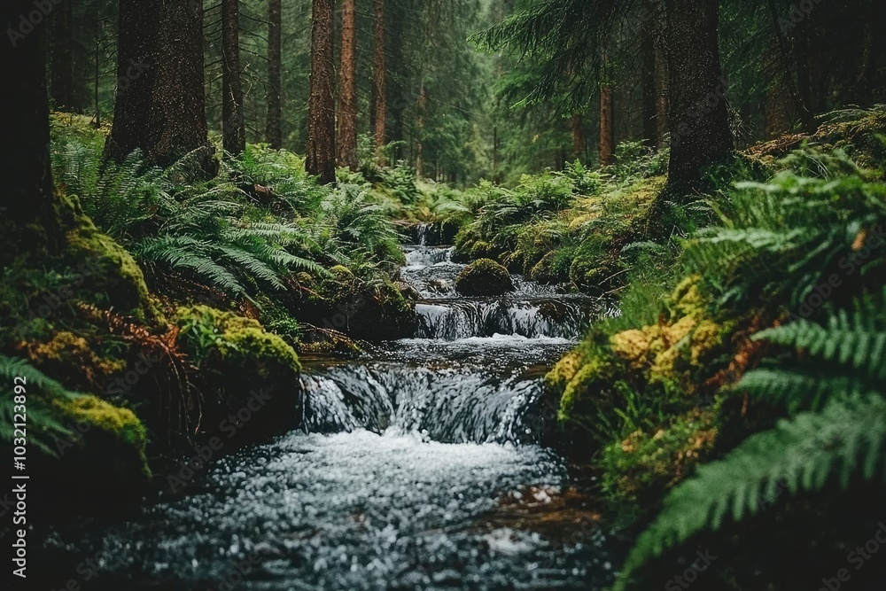 Serene Creek Flowing Through a Lush, Green Forest Serene Creek Flowing Through a Lush, Green Forest