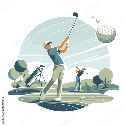 A man is playing golf with a ball in the air. Another man is standing nearby