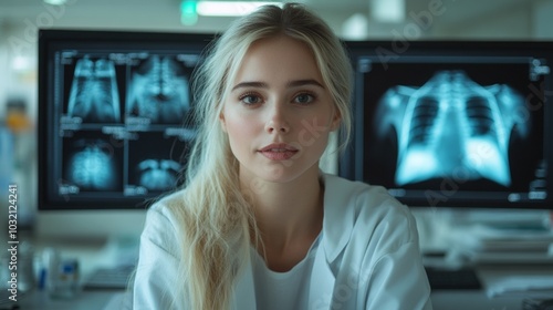 Medical diagnostic analysis: A female doctor navigates advanced imaging and body scanning equipment displayed on several monitors in a highly advanced clinical setting