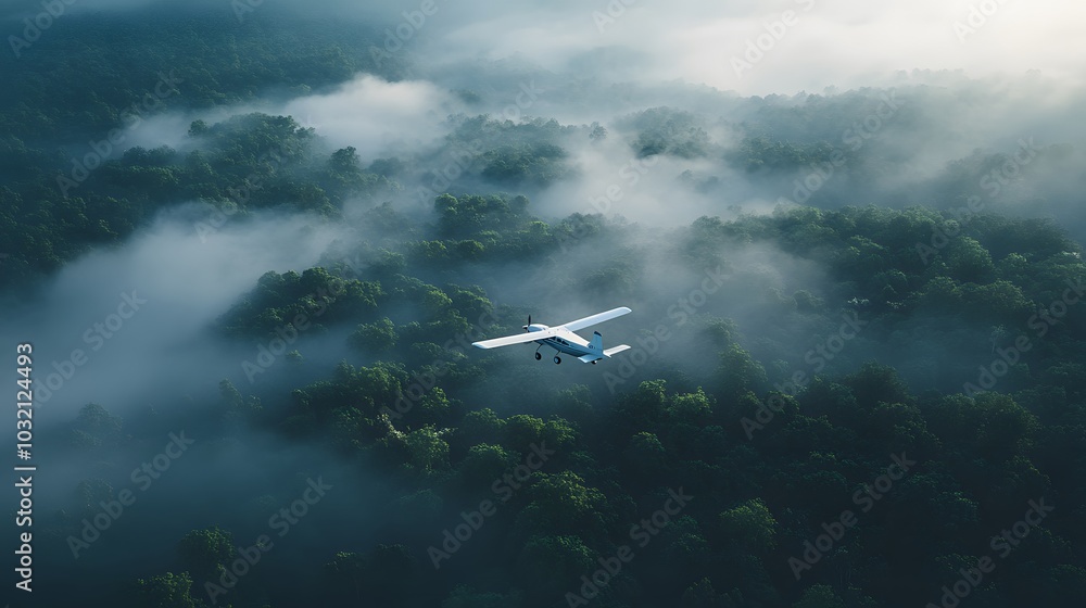Naklejka premium An aerial view of a small white airplane flying over a lush green forest, with misty treetops and dense vegetation, creating a cinematic adventure scene from above.