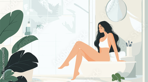 vector drawing girl with girl in headphones sitting in bathroom flat style .Generative AI