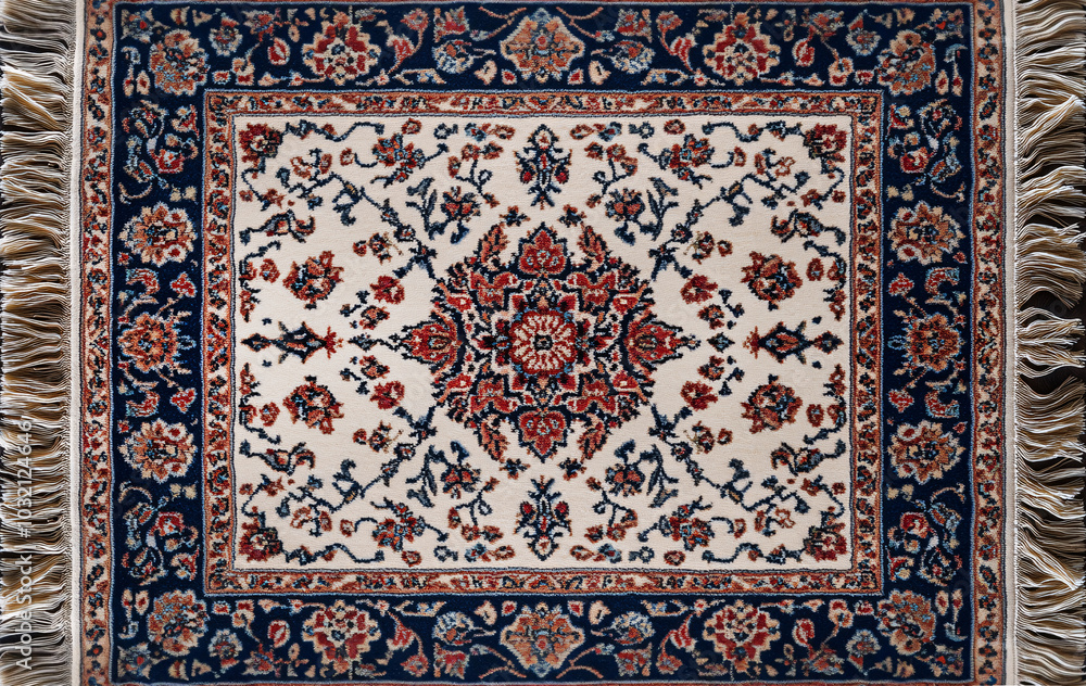 Aerial view of circular Persian rug with intricate patterns Aerial view of circular Persian rug with intricate patterns