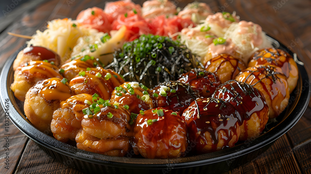 A platter of assorted takoyaki with various toppings A platter of assorted takoyaki with various toppings