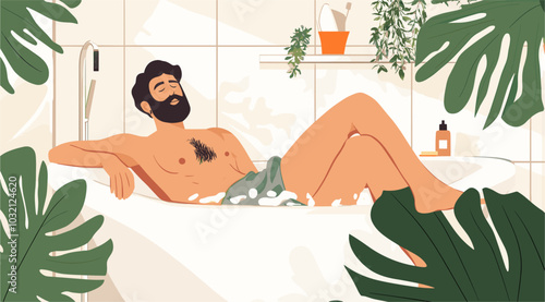 vector drawing man with beard washes in bathroom flat style .Generative AI