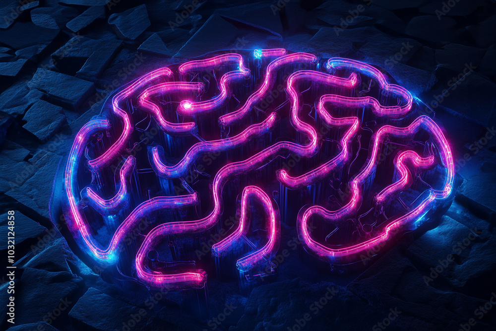 Labyrinth shaped like human brain, illuminated with neon, showing complex pathway design of human mind. Development, researching, creating interaction chains in human brain. Artificial intelligence Labyrinth shaped like human brain, illuminated with neon, showing complex pathway design of human mind. Development, researching, creating interaction chains in human brain. Artificial intelligence