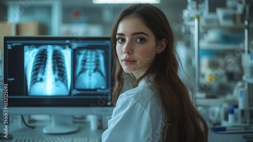 Medical diagnostic analysis: A female doctor engages with innovative imaging and body scanning technology across several screens in a high-tech medical atmosphere