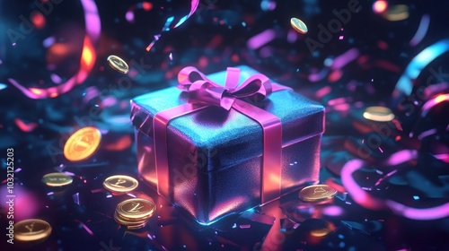 Shiny gift box wrapped in ribbon, surrounded by coins photo