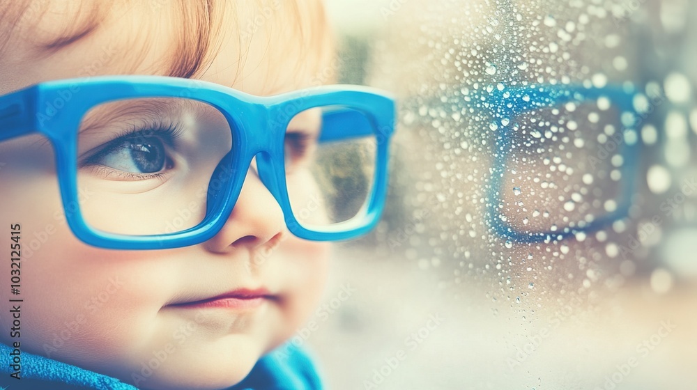 Young child wearing blue glasses focusing on distant tree outside window, symbolizing myopia prevention and importance of outdoor activities. Young child wearing blue glasses focusing on distant tree outside window, symbolizing myopia prevention and importance of outdoor activities.