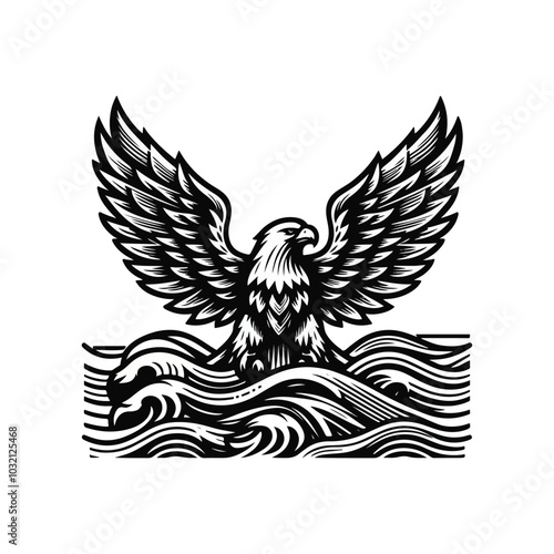 A black and white eagle is perched on top of a wave