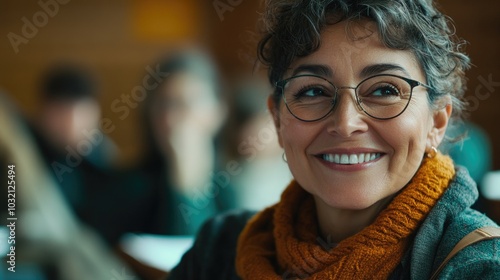 Woman in a classroom setting, smiling at the camera