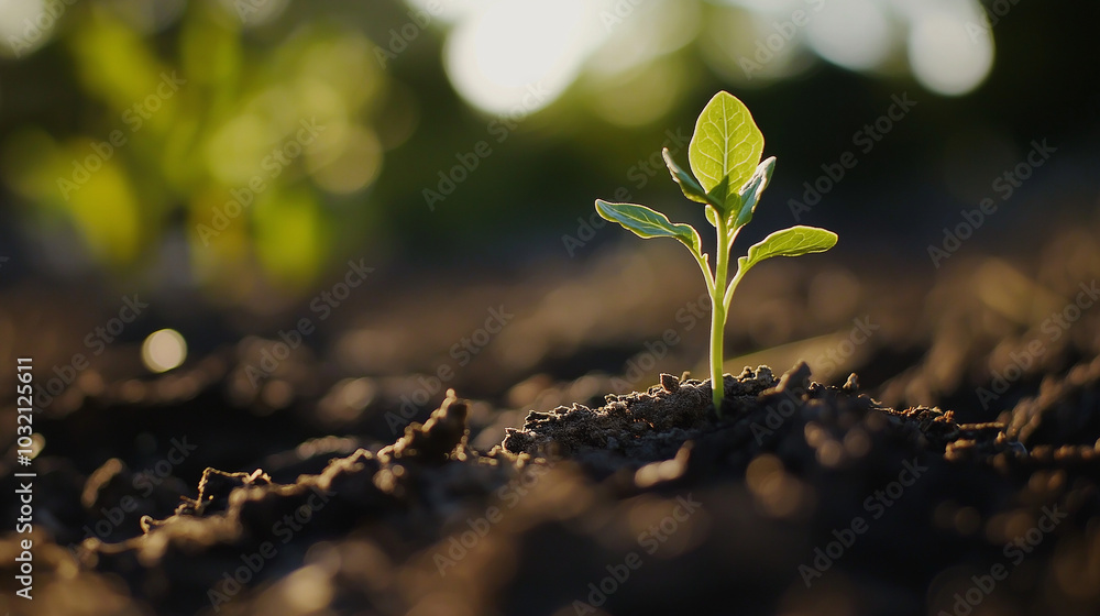 A close-up of a green shoot growing from soil. AI generation A close-up of a green shoot growing from soil. AI generation
