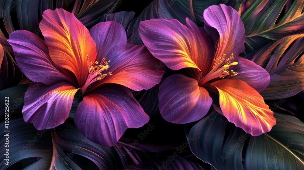 Two vibrant hibiscus flowers in purple and orange hues with green leaves in the background. Two vibrant hibiscus flowers in purple and orange hues with green leaves in the background.
