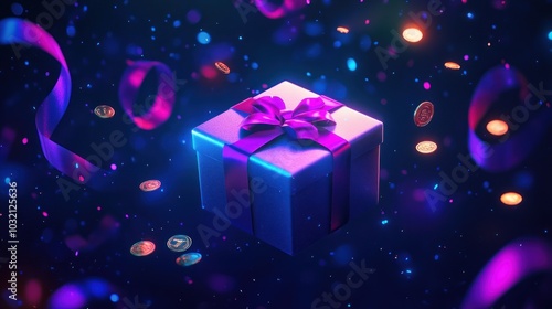 Glowing Gift Box With Floating Coins and Ribbons