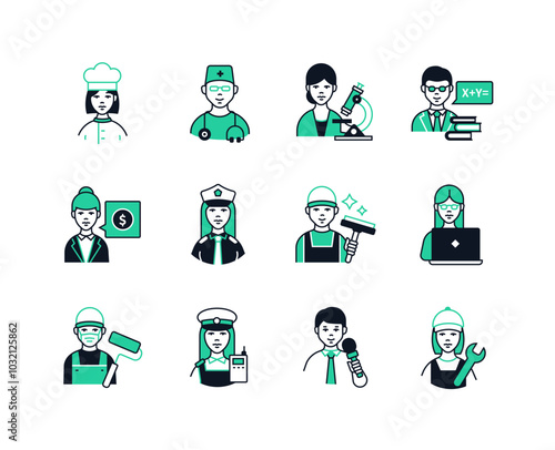 Modern professions for young people - line design style icons set with editable stroke. Chef, doctor, researcher, teacher, policeman, window cleaner, painter, plumber, journalist, traffic controller
