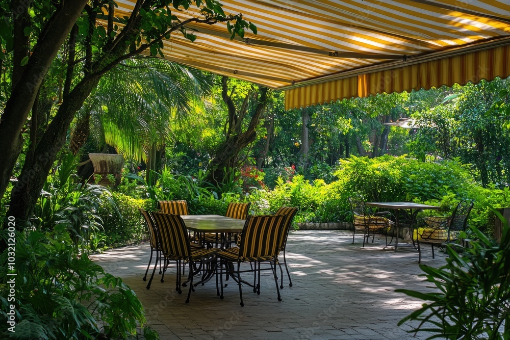 Obraz premium Patio with table and chairs under a shaded canopy, perfect for outdoor gatherings