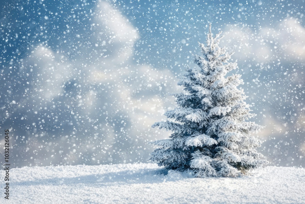 A Snowy Winter Landscape with a Single Pine Tree A Snowy Winter Landscape with a Single Pine Tree