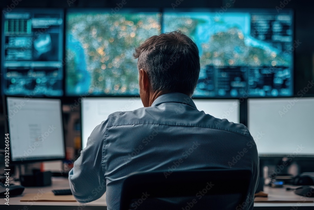 Crisis manager analyzing data in control room during disaster Crisis manager analyzing data in control room during disaster