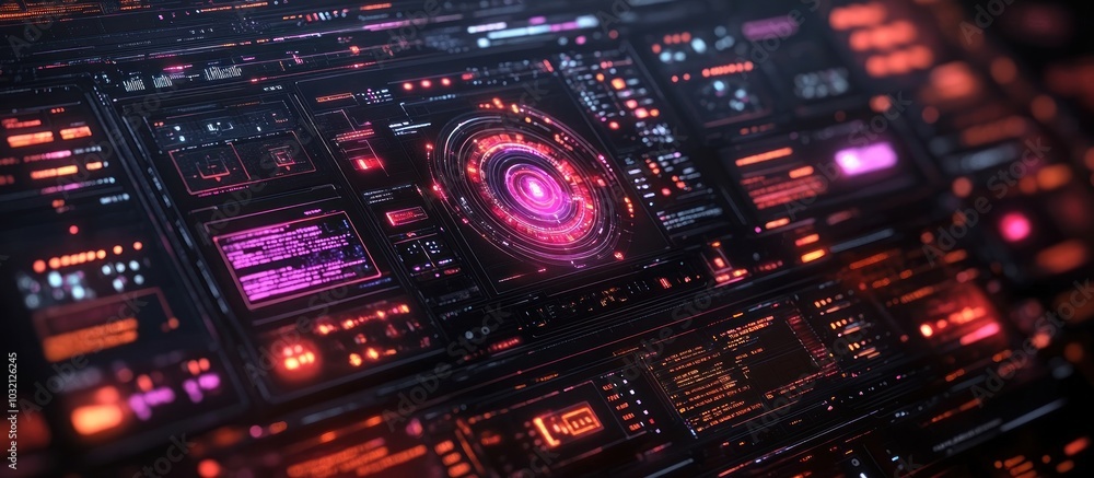 Futuristic interface with glowing red and purple lights and data displays. Futuristic interface with glowing red and purple lights and data displays.