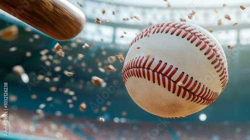 Baseball being hit by a bat with dirt flying in the air.