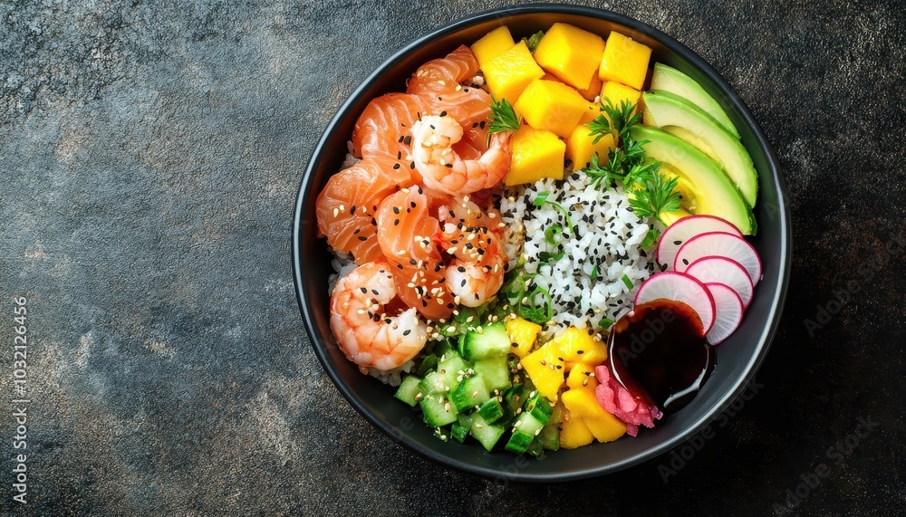 Vibrant Hawaiian poke bowl with tuna, salmon, shrimp, and fresh ingredients Vibrant Hawaiian poke bowl with tuna, salmon, shrimp, and fresh ingredients