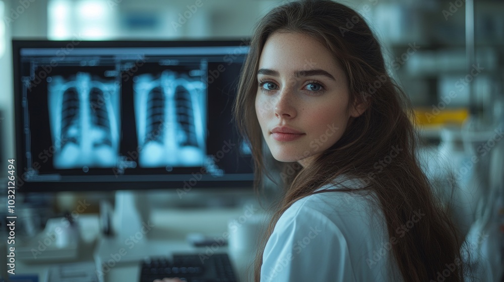 Medical diagnostic analysis: A female doctor interacts with cutting-edge imaging and body scanning tools on numerous monitors in a highly advanced medical facility Medical diagnostic analysis: A female doctor interacts with cutting-edge imaging and body scanning tools on numerous monitors in a highly advanced medical facility