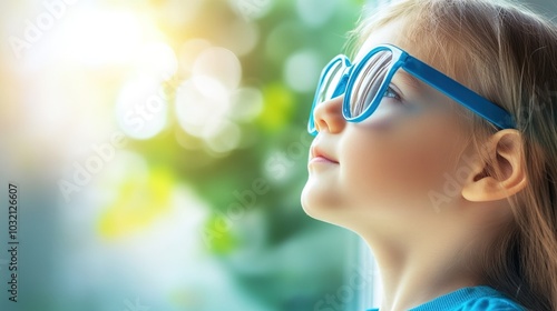 Young child wearing blue glasses focusing on distant tree outside window, symbolizing myopia prevention and importance of outdoor activities.