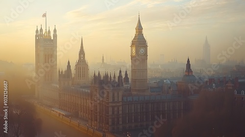 Misty sunrise over the iconic architecture of the UK Parliament in London.