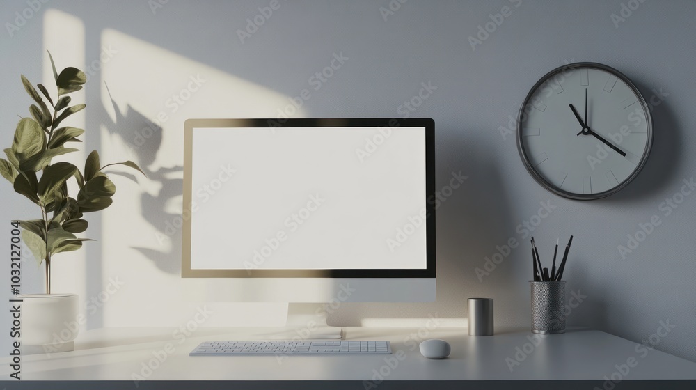 Minimalist Home Office Setup with White Computer Monitor and Desk Minimalist Home Office Setup with White Computer Monitor and Desk