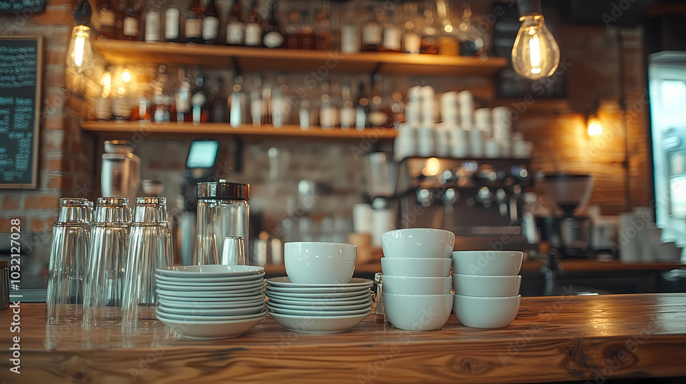 Clean dishes on the bar counter close-up. Restaurant bar with copy space and ready for work. Clean dishes on the bar counter close-up. Restaurant bar with copy space and ready for work.