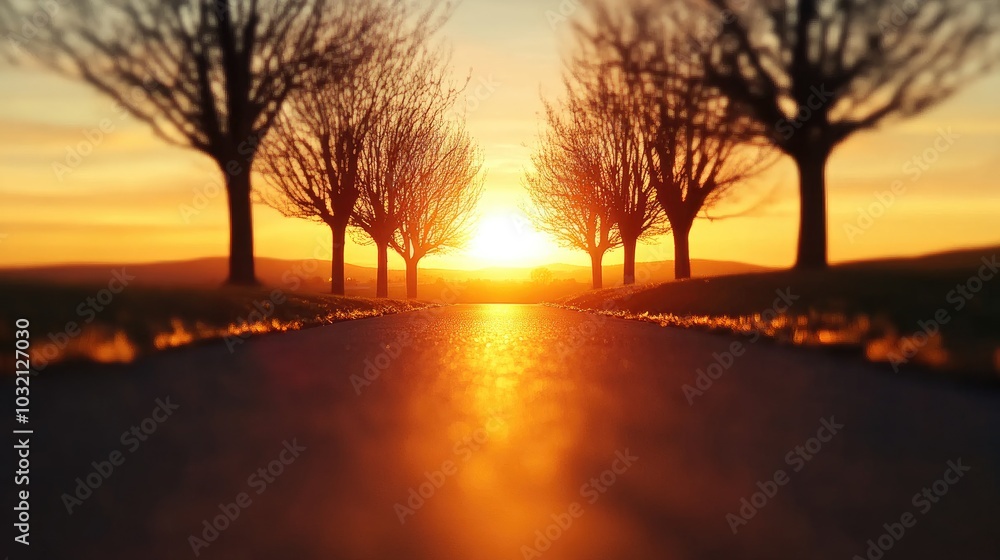 Sunset Silhouette on Tree-Lined Road Sunset Silhouette on Tree-Lined Road