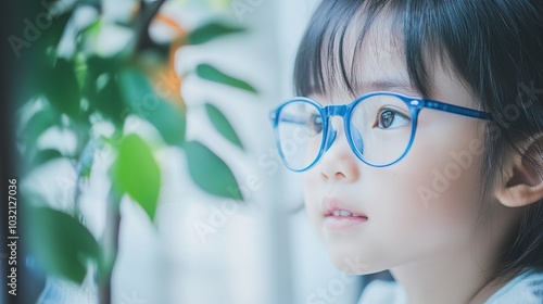 Young child wearing blue glasses focusing on distant tree outside window, symbolizing myopia prevention and importance of outdoor activities.