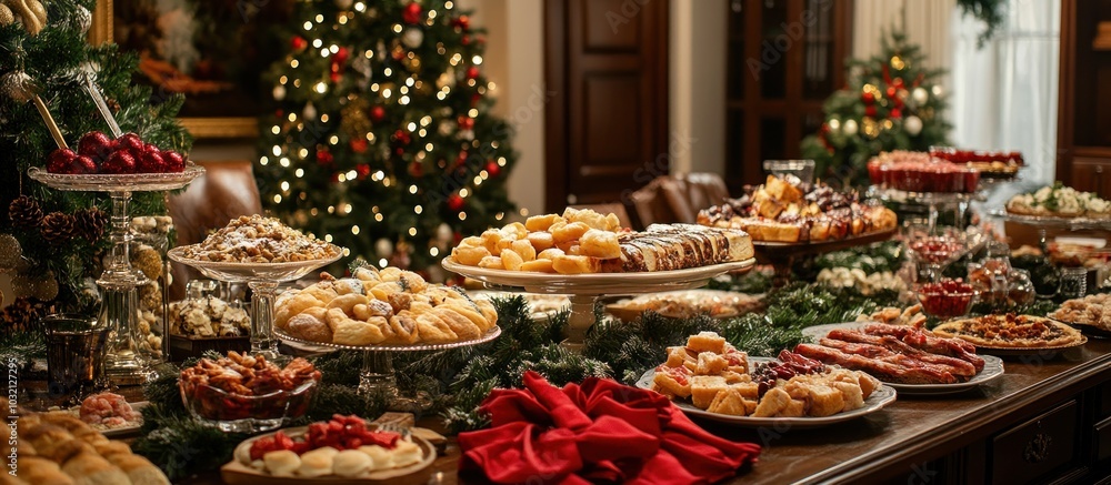 A Christmas buffet table with an abundance A Christmas buffet table with an abundance