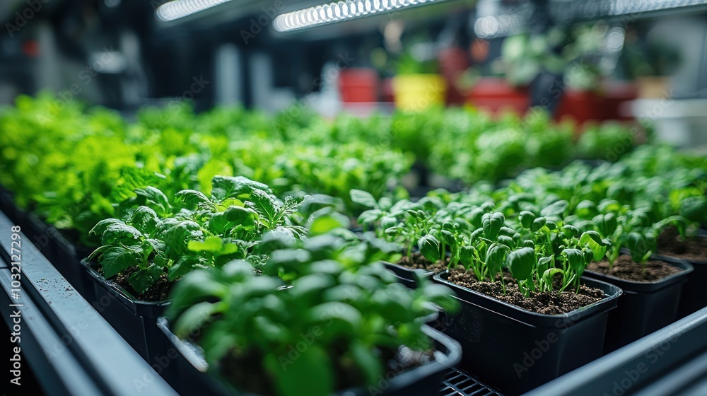Close-up of seedlings growing under grow lights in a nursery. Close-up of seedlings growing under grow lights in a nursery.