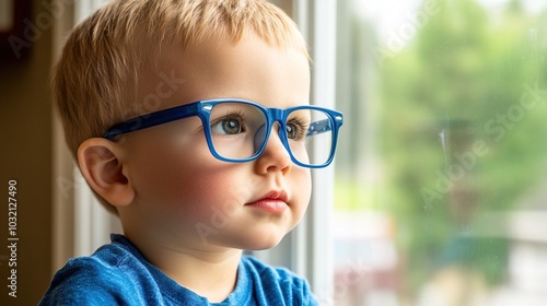 Young child wearing blue glasses focusing on distant tree outside window, symbolizing myopia prevention and importance of outdoor activities.