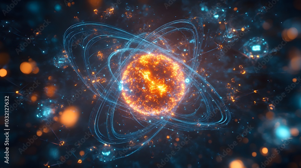 An atomic nucleus close-up featuring a glowing orange core and orbiting electrons, set against a cosmic background, illustrating the dynamic nature of subatomic particles. An atomic nucleus close-up featuring a glowing orange core and orbiting electrons, set against a cosmic background, illustrating the dynamic nature of subatomic particles.