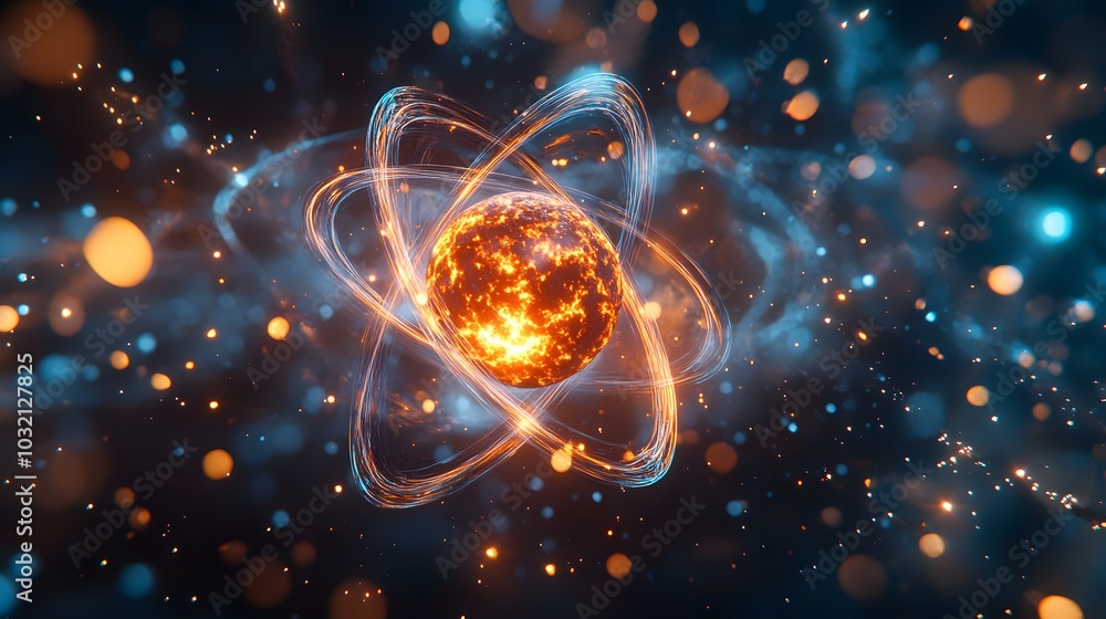 An atomic nucleus close-up featuring a glowing orange core and orbiting electrons, set against a cosmic background, illustrating the dynamic nature of subatomic particles. An atomic nucleus close-up featuring a glowing orange core and orbiting electrons, set against a cosmic background, illustrating the dynamic nature of subatomic particles.