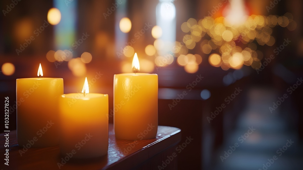 Warm glow of candles illuminating a serene church interior. Warm glow of candles illuminating a serene church interior.