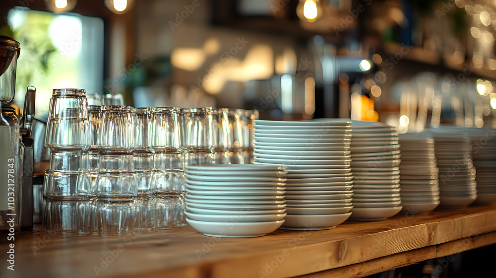 Clean dishes on the bar counter close-up. Restaurant bar with copy space and ready for work. Clean dishes on the bar counter close-up. Restaurant bar with copy space and ready for work.