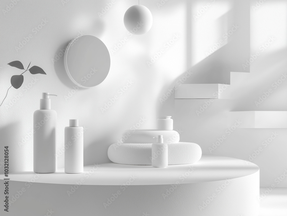 Minimalistic All-White Mock-Up for Ads Featuring Toiletry Products in a Clean, Modern Design Perfect for Branding and Marketing Minimalistic All-White Mock-Up for Ads Featuring Toiletry Products in a Clean, Modern Design Perfect for Branding and Marketing
