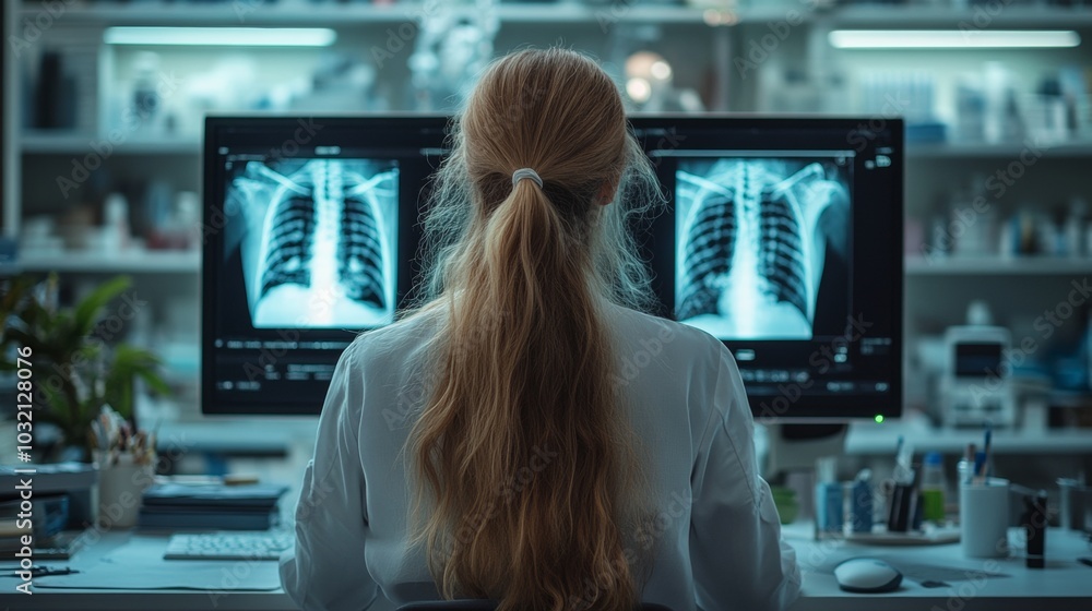 Medical diagnostic analysis: A female doctor manages advanced imaging and body scanning technology on several screens within a high-tech medical environment Medical diagnostic analysis: A female doctor manages advanced imaging and body scanning technology on several screens within a high-tech medical environment
