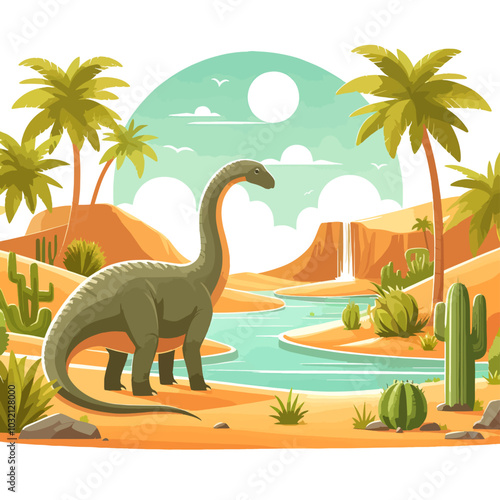 large dinosaur is walking through a desert with palm trees in the background. The scene is peaceful and serene