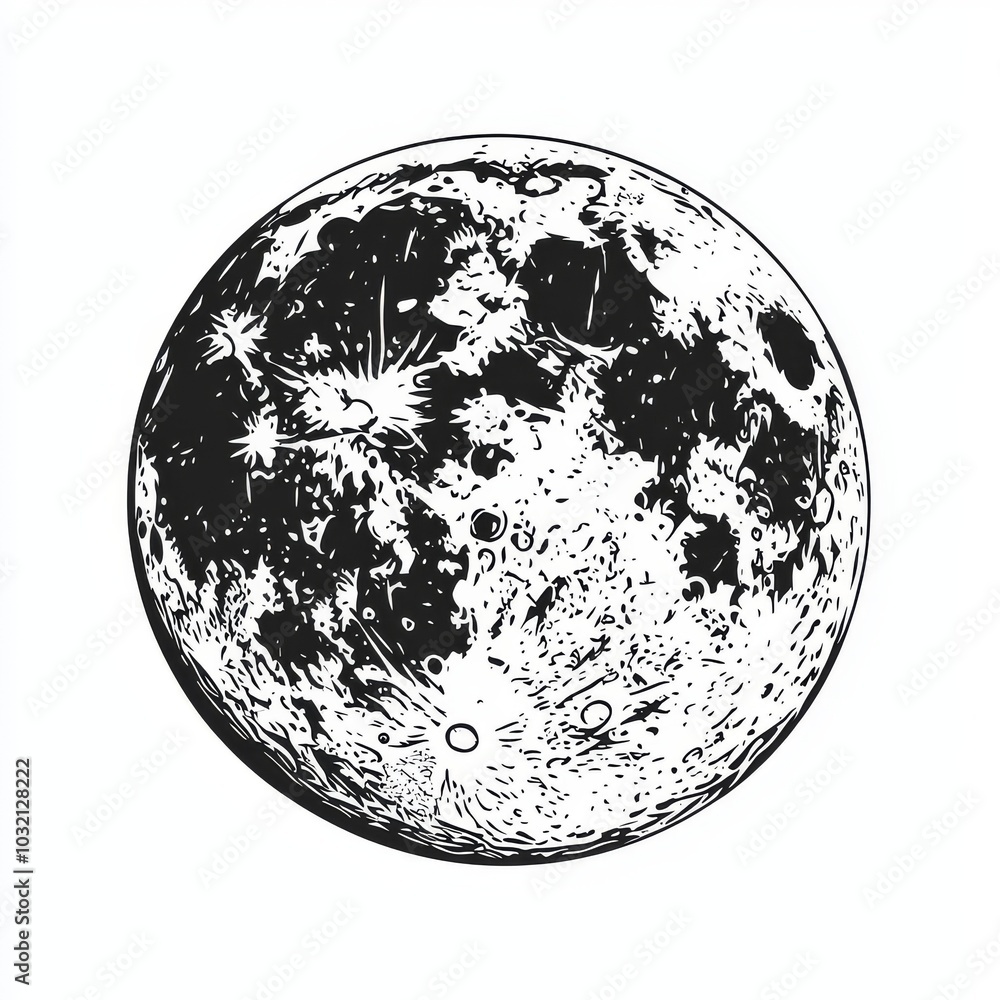 Naklejka premium Intricate Black and White Moon Illustration with Detailed Lunar Craters