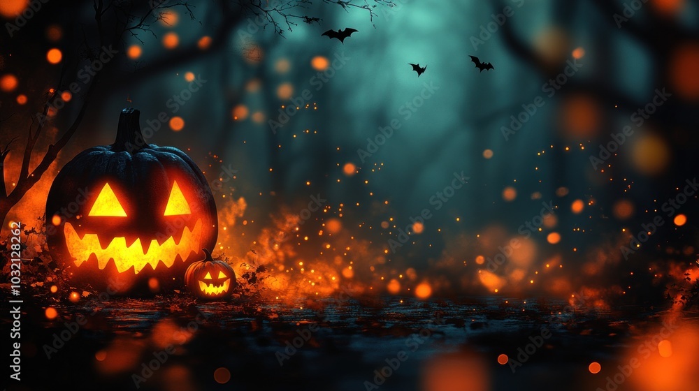 Glowing Jack-o'-Lantern in a Spooky Forest with Bats and Orange Lights Glowing Jack-o'-Lantern in a Spooky Forest with Bats and Orange Lights