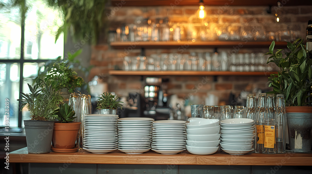 Clean dishes on the bar counter close-up. Restaurant bar with copy space and ready for work. Clean dishes on the bar counter close-up. Restaurant bar with copy space and ready for work.