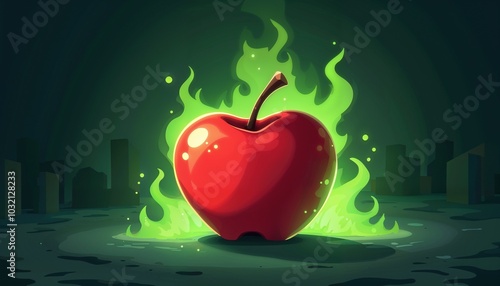 Vector cartoon illustration of a poisoned apple with bright red skin and glowing green aura