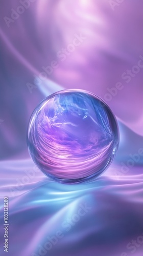 Glass sphere is reflecting a purple and blue abstract sky while sitting on a silky surface. The image is vibrant and colorful with a dreamy, ethereal mood