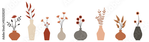 Minimalist autumn floral arrangements in vases vector illustration design on isolated white background 