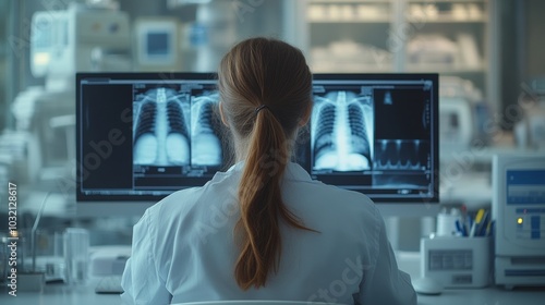 Medical diagnostic analysis: A female doctor engages with cutting-edge imaging and scanning devices on numerous monitors in a futuristic medical atmosphere