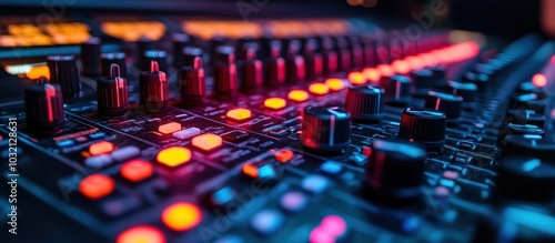 Close-up of a sound mixer with red and blue lights.